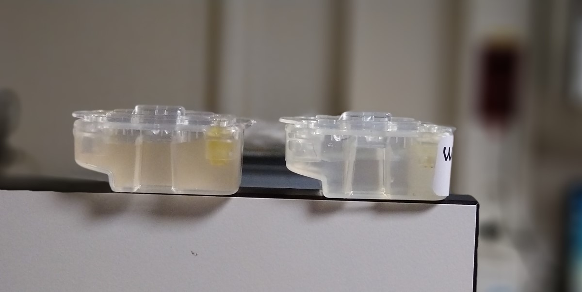 A blank cartridge and an orange-coloured one after 4 hours of sampling A blank cartridge and an orange-coloured one after 4 hours of sampling