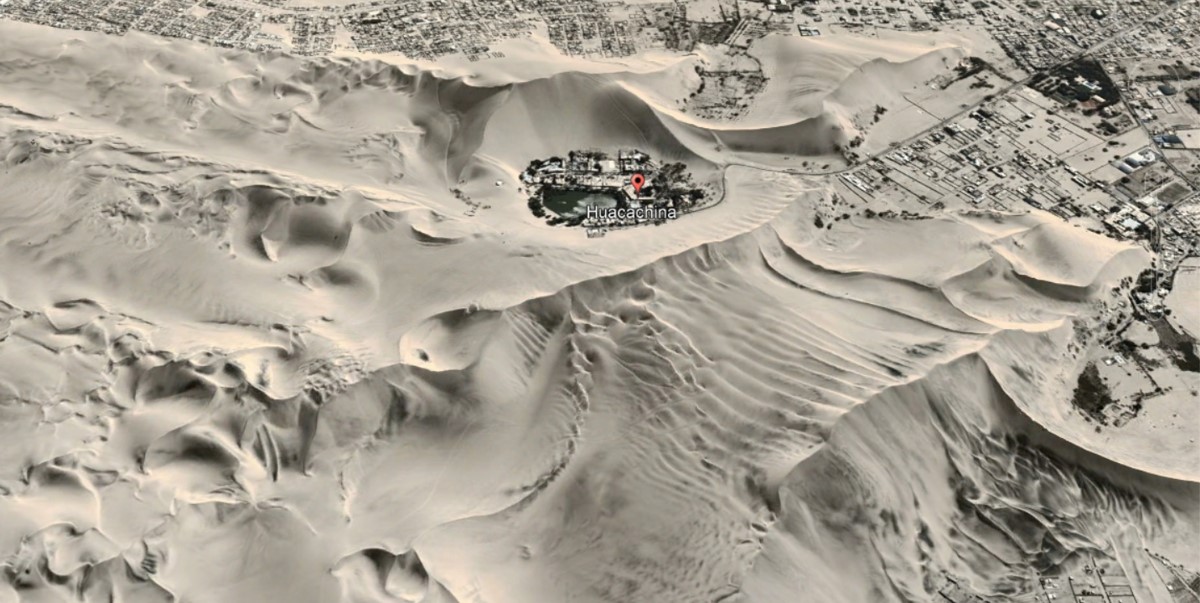 Google Earth image offering an oblique view of the dune field around the oasis Huacachina Google Earth image offering an oblique view of the dune field around the oasis Huacachina